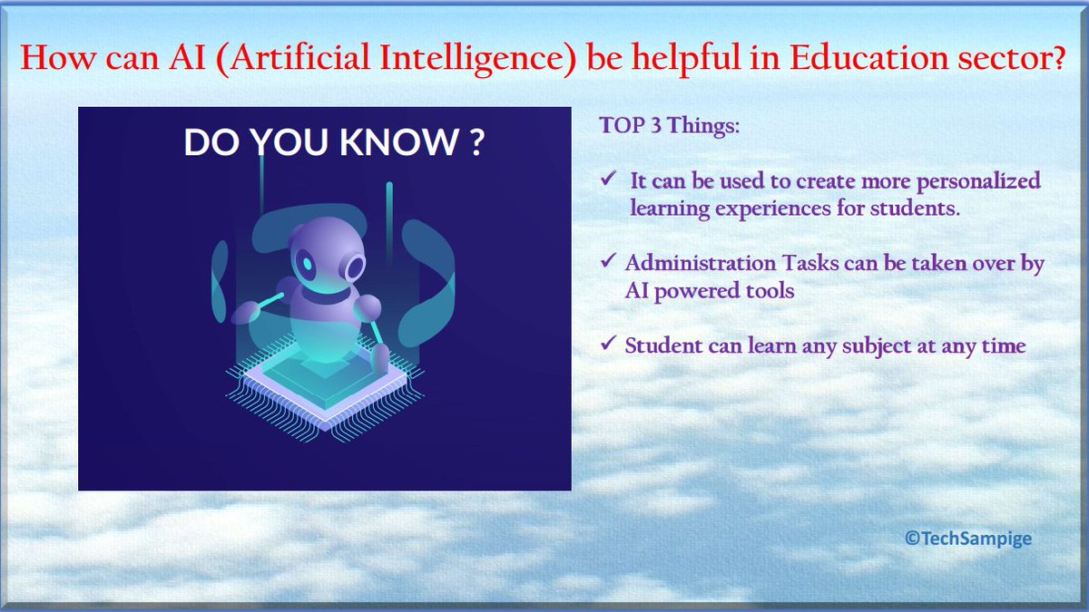 tech_sampige's tweet image. Do you know ?
How can AI be helpful in Educational Sector?
Look at the top 3 things that might change due to AI:

#ArtificialIntelligence 
#technology
#AIforTomorrow

What do you think what other things AI can replace in this sector?