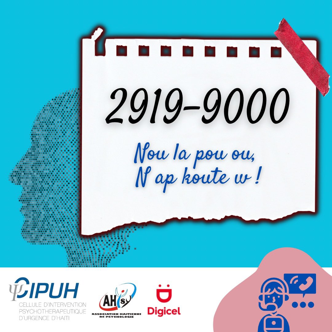 kasikayiti's tweet photo. RELE oswa pataje nimewo sa a moun nan antouraj nou! 
Liy telefòn pou pwoblèm sikoloji an ijans.  Se @psyhaiti avèk sipò @DigicelHT ki mete sèvis sa a dispozisyon nou. 
Pa ezite rele! Spesyalis sante mantal yo la pou nou https://t.co/wsSEi8Tnra