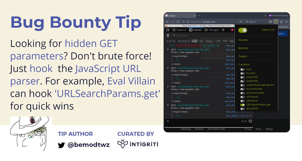 Being a hacker means thinking out of the box! 

<a href="/bemodtwz/">bemodtwz</a> innovates on the GET parameter brute-forcing by hooking JS functions to find new GET parameters as they're being used!

#bugbounty #bugbountytips 👇