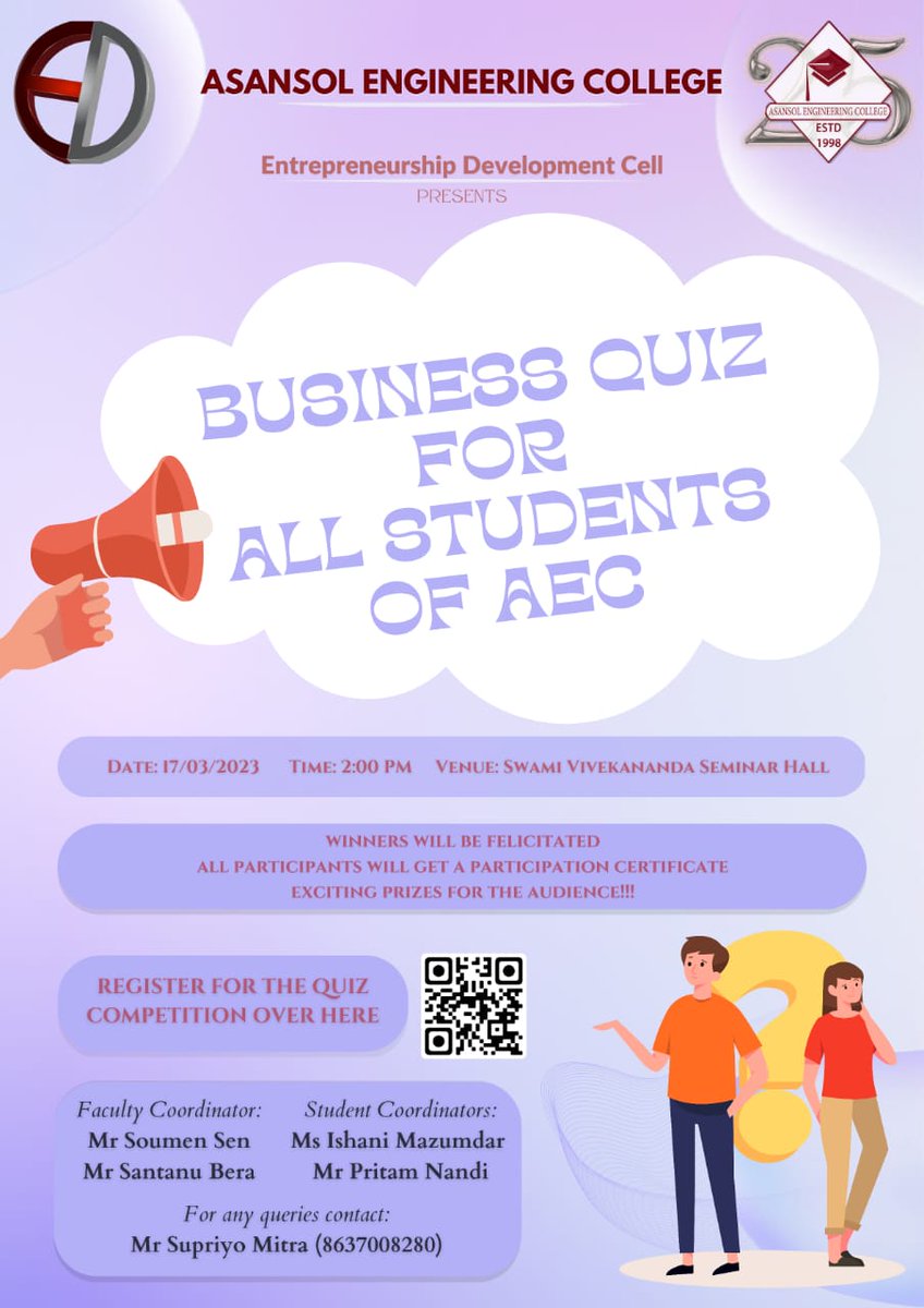 AsansolCollege's tweet image. #AEC
Entrepreneurship Development Cell
#EDCELL
#QUIZ
#www.aecwb.edu.in

forms.gle/phFo5NrEAoC12K…