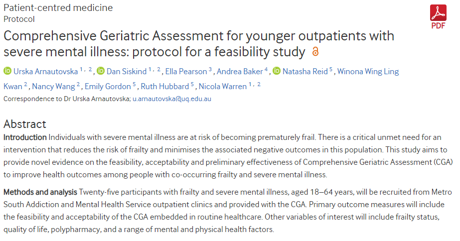 What if people with severe mental illness who become frail much earlier received a thorough physical check up by a geriatrician? 
#protocol #frailty #schizophrenia #physicalhealth
 
bmjopen.bmj.com/content/13/2/e…