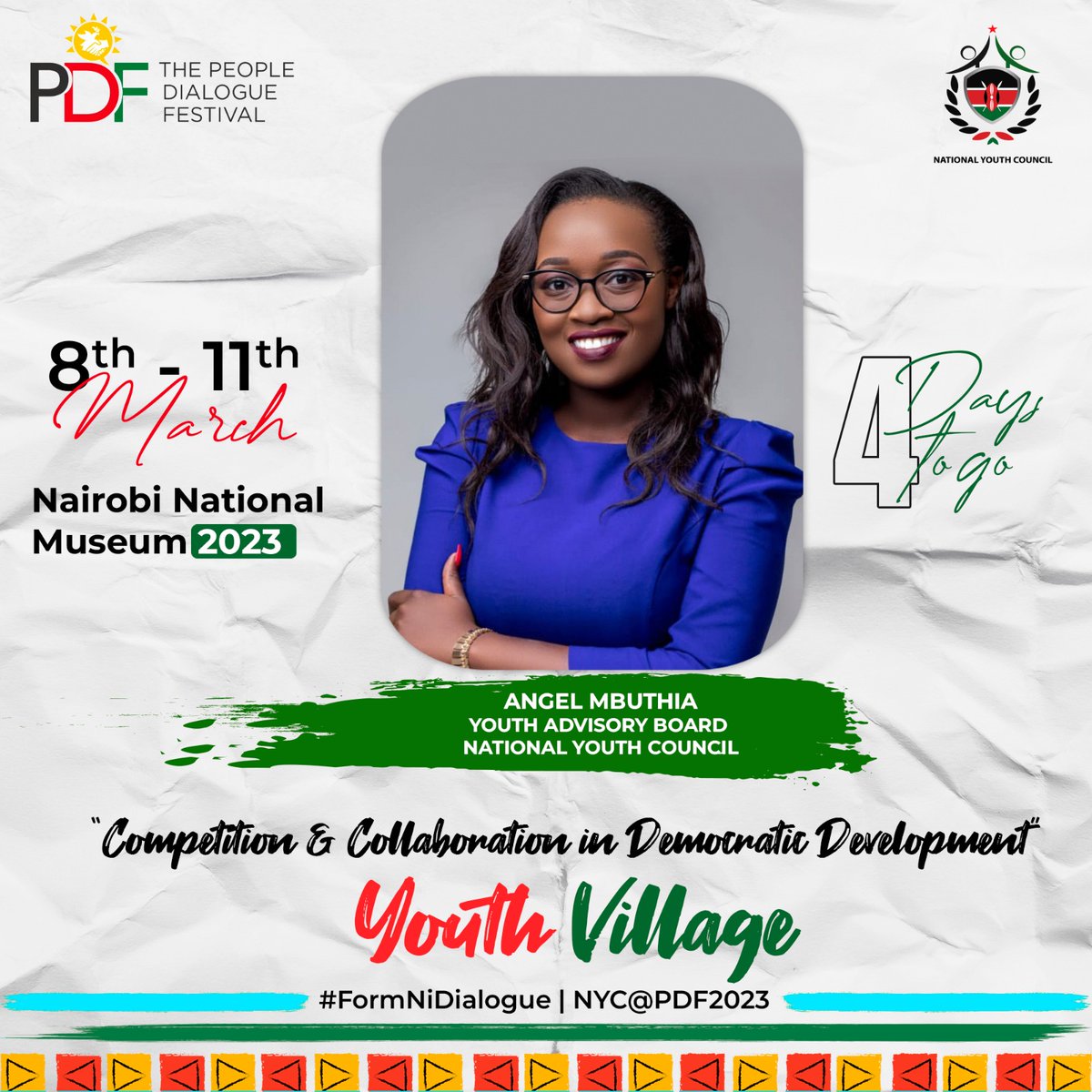 Do you wanna meet and converse with #MsPresident winner & YAB director, Ms. @AngelMbuthia?
 
See you at the Youth Village for a speed date session- Legislatures Edition.

🎤 People Dialogue Festival 
📆8th to 11th March 2️⃣0️⃣2️⃣3️⃣
📍Nairobi National Museum
Entry is absolutely FREE!