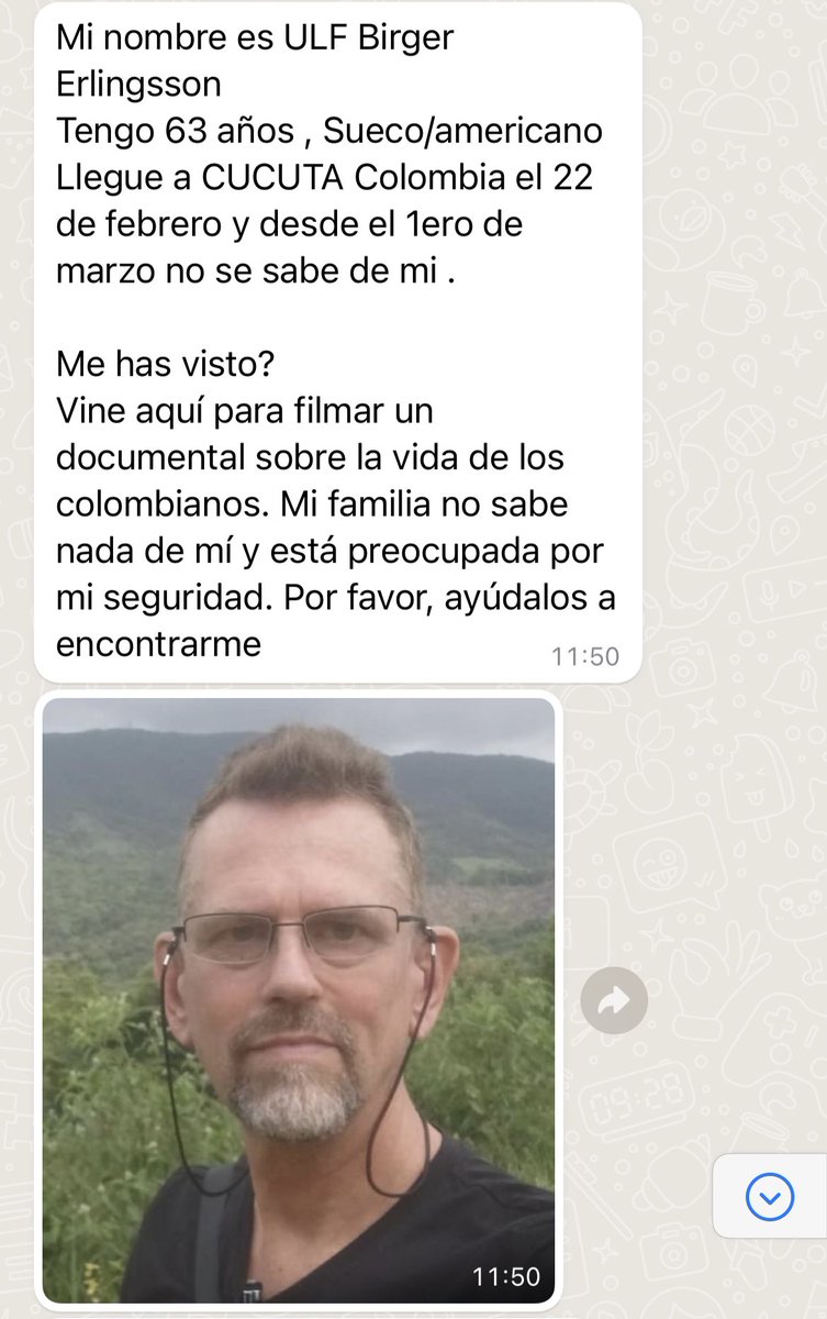 Please help!
My brother has gone missing in Colombia. 
Spread the word and his photo. Hopefully someone has seen him. 
Ulf is a Swedish American filming local life. See info in Spanish and his picture below. #suecoamericanomissing 
<a href="/SwedeninCOL/">Sweden in Colombia</a> @HelenaSuecia <a href="/cnncolombia/">CNN Colombia</a>