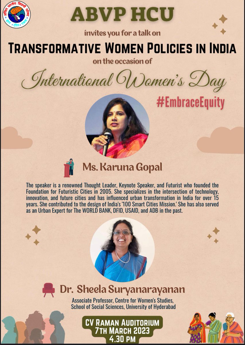I'm glad to be chairing a talk by Ms. Karuna Gopal, an expert on technology, Innovation, and future cities on 'Transformative Women Policies in India' organised by ABVP, Hyderabad Central University, India, on 7th March to commemorate #internationalwomensday
#EmbraceEquity