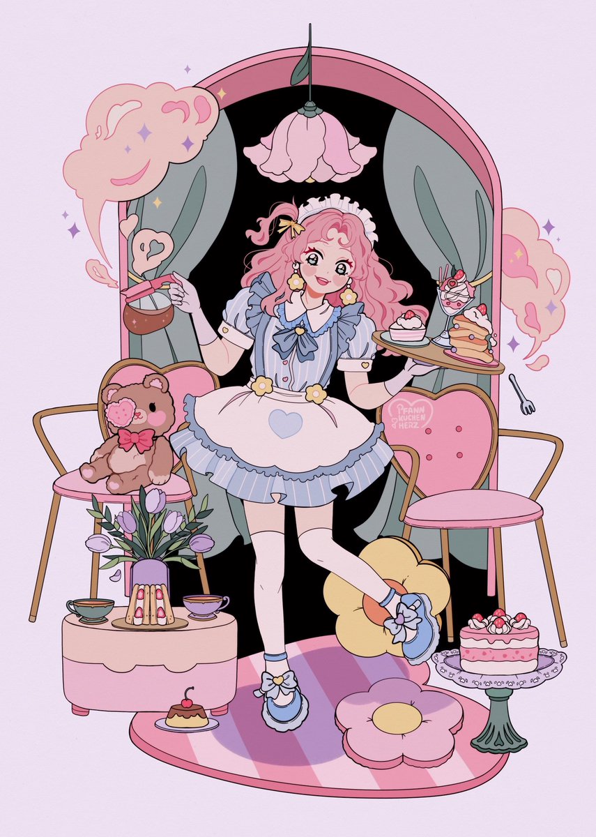 1girl pink hair food teddy bear solo holding thighhighs  illustration images