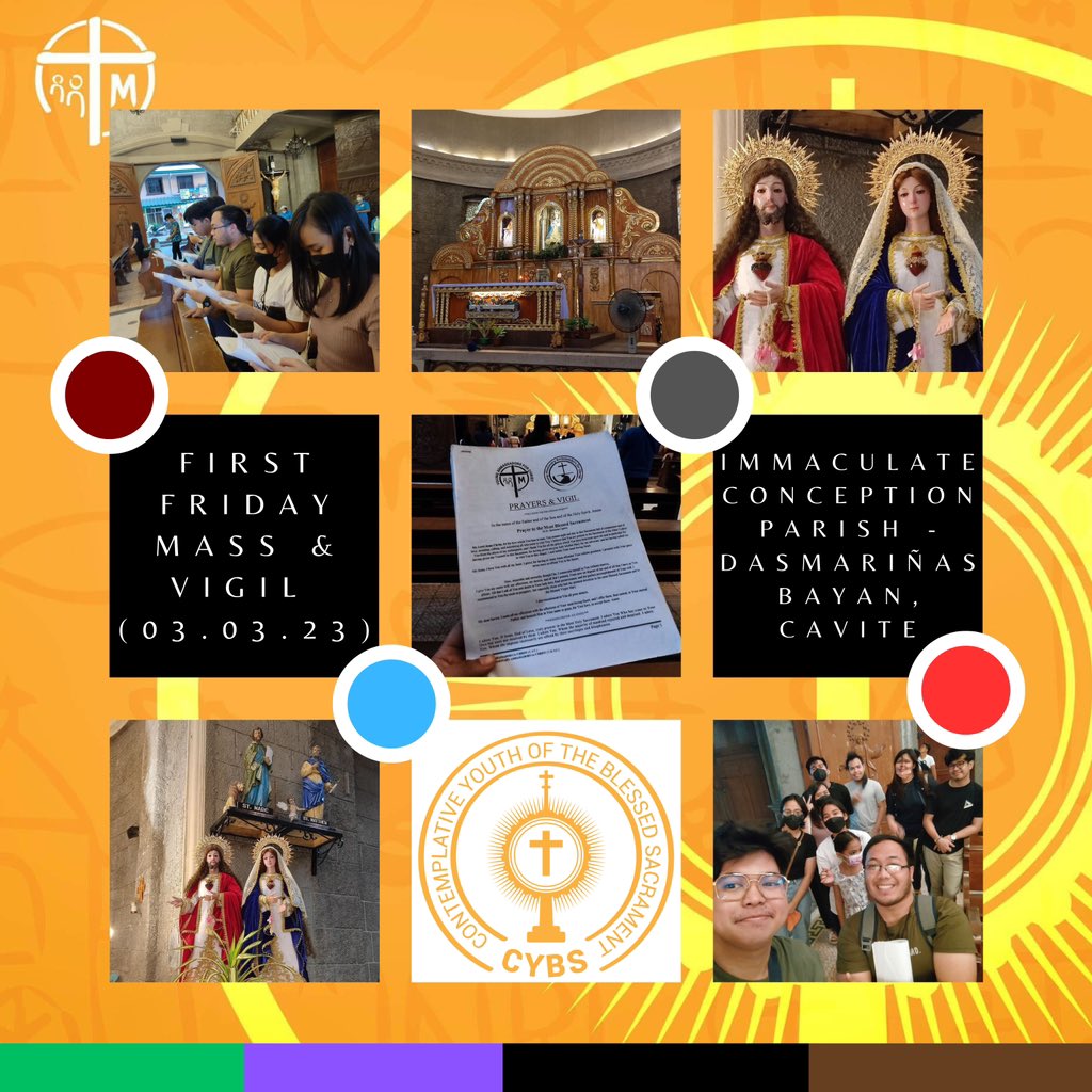 YACmomqpm's tweet photo. #YAC/ #SYM - #CYBS First Friday Mass & Vigil & Prayers & Adoration, March 3, 2023
YAC Dasmariñas, Cavite:
- Immaculate Conception Parish - Dasmariñas Bayan, Cavite. (5:30pm) (MASS & ROSARY/ ADORATION)
#YACsNEWnormal #SVDYouth
#whYAC #YAC2023 #PrayerWorks
#FirstFriday #HolyHour https://t.co/uHavbLRL81