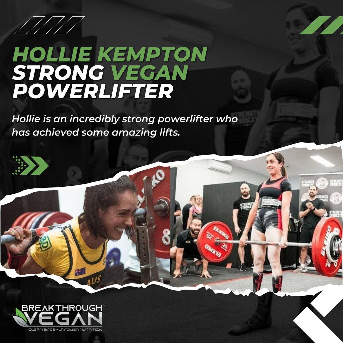 Hollie is an incredibly strong powerlifter who has achieved some amazing lifts. Competing in the ~48kg category, she has squatted 105kg and benched 60kg. Her deadlift is over three times her body weight at 155kg. 
.
#vegan #goals #strong #health #fitness #veganathlete #sport