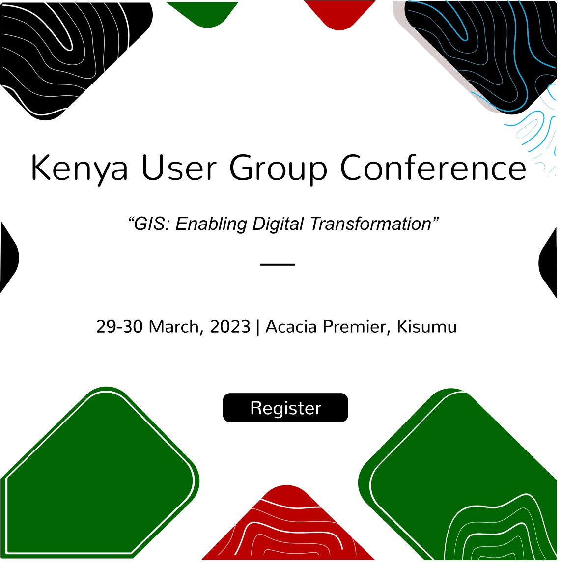 GIS enthusiasts,
Have you signed up for the 2023 Kenya User Group Conference ?
The theme of the conference is GIS: Enabling Digital Transformation
Complimentary Registration👉🏾hubs.li/Q01DBJ3C0