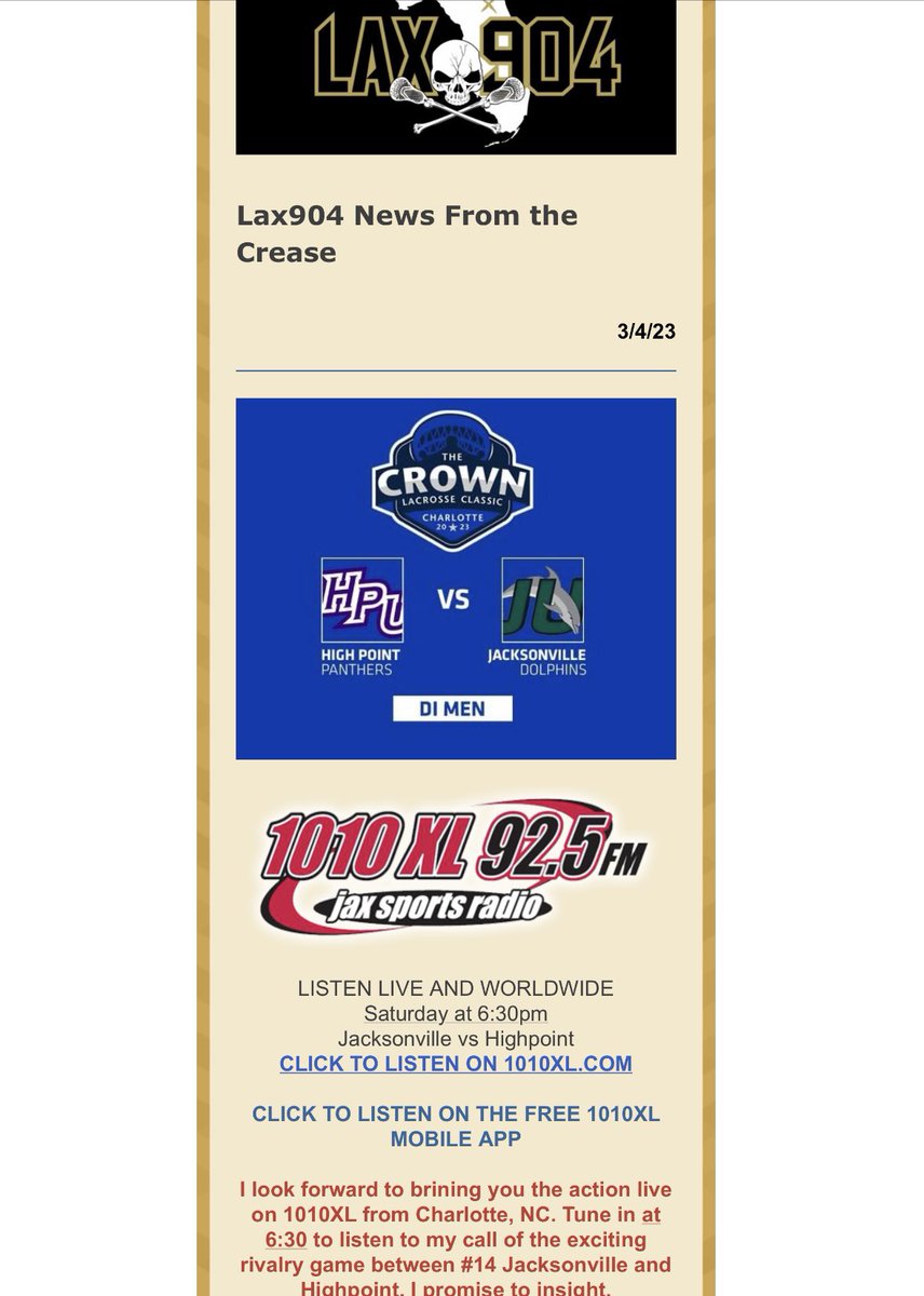 Check your inbox for the latest newsletter, including a prediction tonight’s game. Here is a sneak peek. Beautiful day here in North Carolina. Tempted to run up to Chapel Hill for Denver at UNC at 11am… hmmm
Tune in <a href="/1010XL/">1010 XL / 92.5 FM</a> at 6:30 for #14 Jacksonville v High Point.