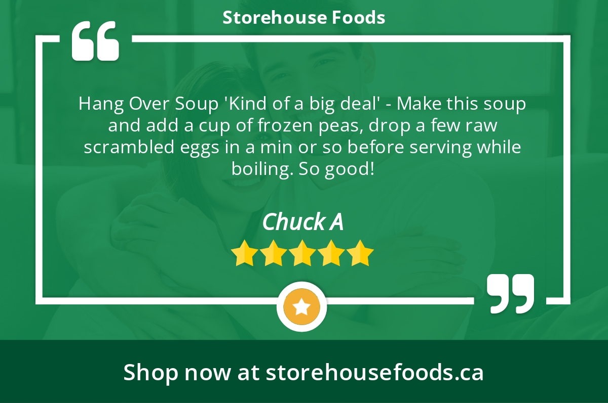 5 Star: Chuck A. "Hang Over Soup "Kind of a big deal" - Make this soup and add a cup of frozen peas, drop a few raw scrambled eggs in..."