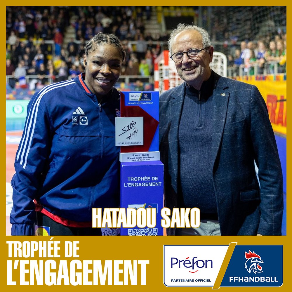 🏆 Vous avez élu Hatadou Sako comme joueuse la plus engagée sur le terrain hier soir. Elle reçoit donc le Trophée de l’Engagement décerné par Préfon. 

👏Bravo Hatadou, une belle récompense pour ton premier match en Bleu ! 

#trophéedelengagement #Préfonhandball <a href="/ffhandball/">FFHandball</a>