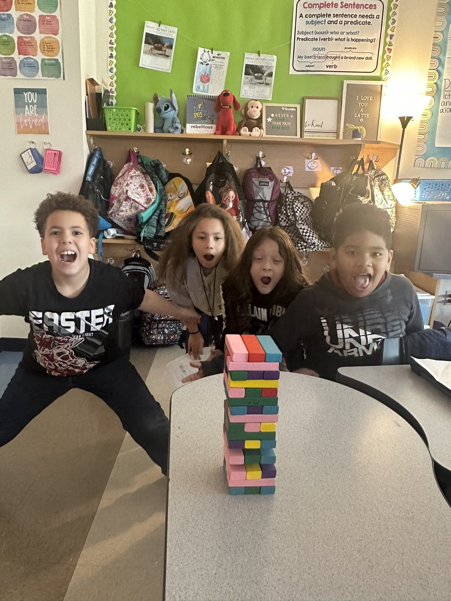 RangeElementary's tweet image. Ms. Riddle’s class reviewing for their reading checkpoint with a little Jenga fun! 🥳😄