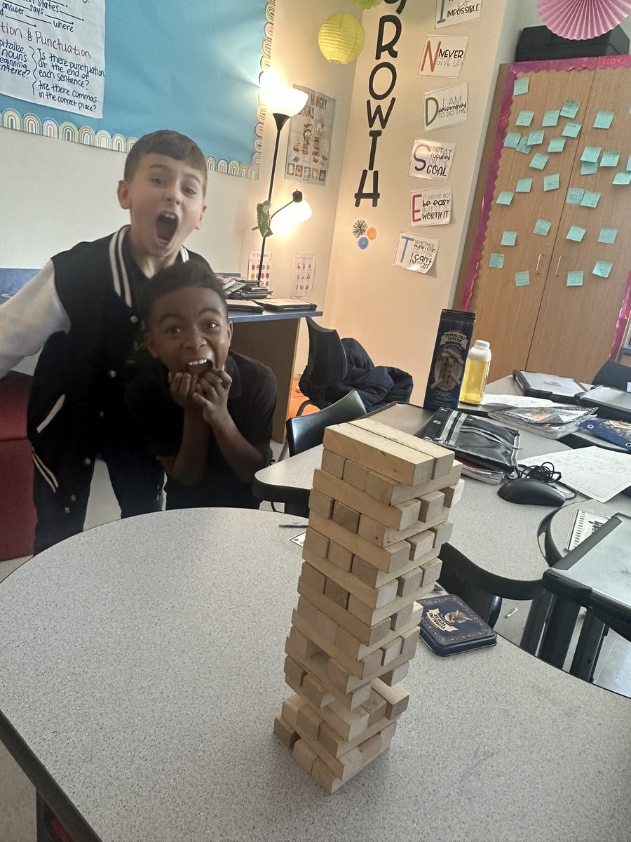 RangeElementary's tweet image. Ms. Riddle’s class reviewing for their reading checkpoint with a little Jenga fun! 🥳😄