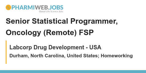 PharmaNews_Jobs's tweet image. Senior Statistical Programmer, Oncology (Remote) FSP - Labcorp Drug Development - USA - Durham, North Carolina, United States; Homeworking
bit.ly/3YlQUyE

#LabcorpDrugDevelopment is hiring a Senior Statistical Programmer in Oncology! Work remotely and help unlock the pot