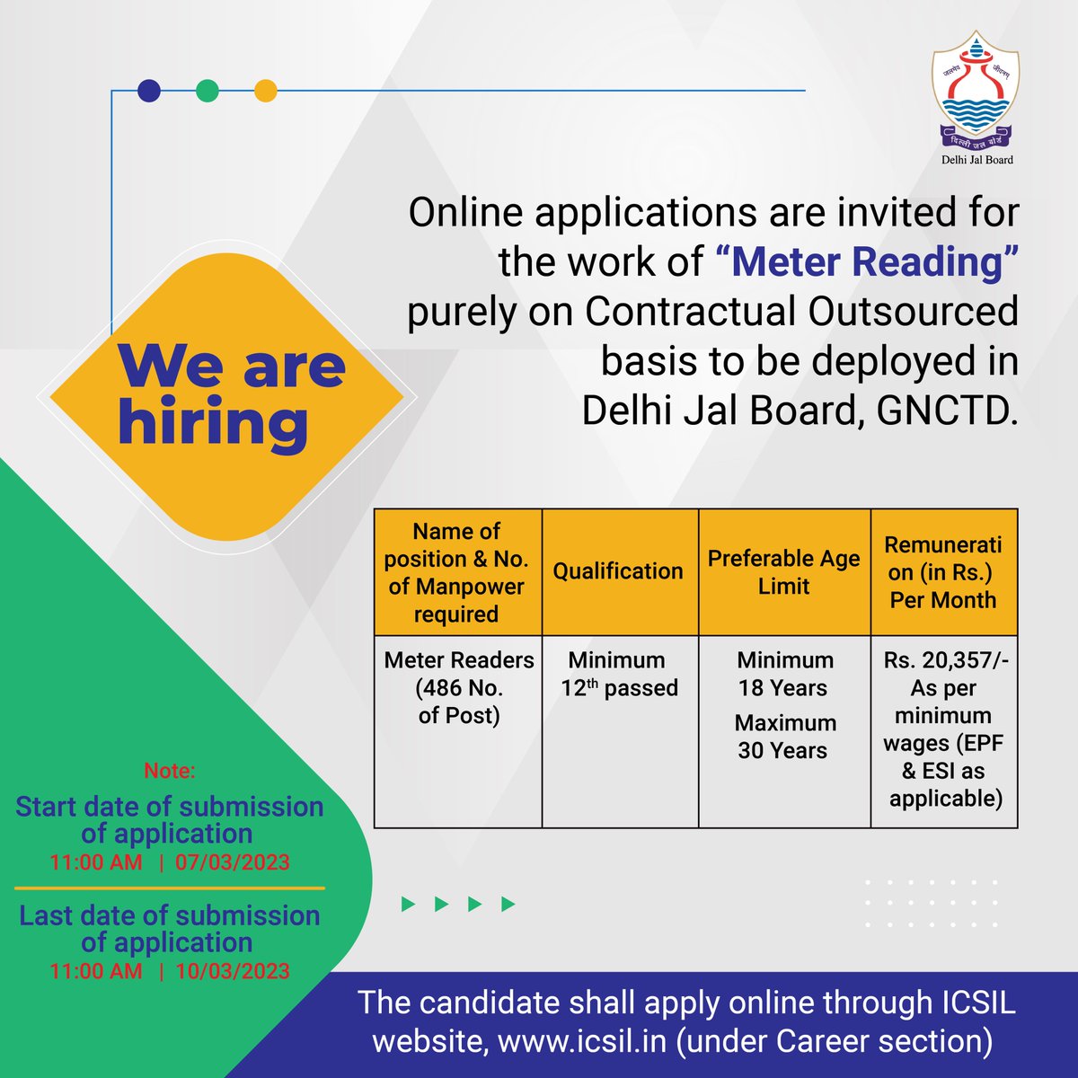 DelhiJalBoard's tweet photo. Recruitment Notice!

Details at https://t.co/PbhdacoReA, last date for submission of applications is 10/03/2023.

#DJB4U #DjbOnMissionMode https://t.co/b3owm6HwyA