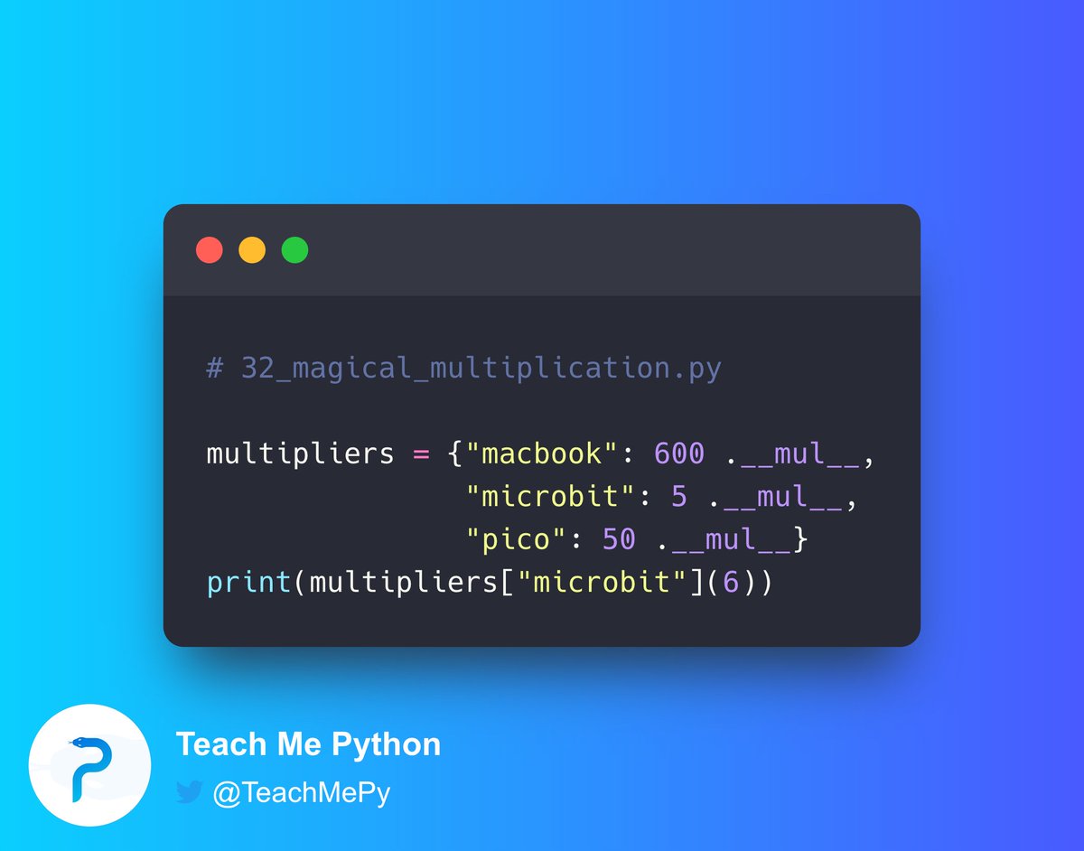 driscollis's tweet photo. #Python Pop Quiz 🐍❓

What is the result when you run this code?

A) Syntax Error
B) 5 .__mul__
C) 30
D) What is this madness? https://t.co/2tdEA5DgF8