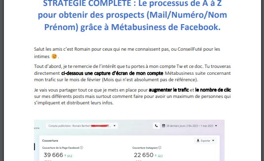 RomainBerthet's tweet photo. Je viens de rédiger un doc de 11 pages dans lequel j'explique de A à Z comment obtenir via #facebookads des prospects (Nom/mail/tel) en masse et facilement ! 💡

La Strat est détaillée du Lancement au Scalling !!

RT + Commente (FbAds) et je t'envoie ça (il faut me follow) 🎉🎉 https://t.co/ZMiCGUUrfC