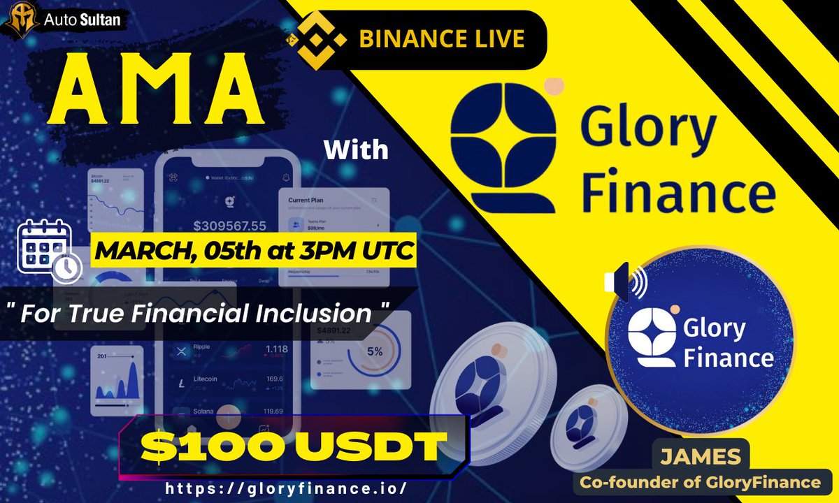 🔥Dont Miss Out #AMABinanceLive on Sunday with <a href="/GloryFinanceio/">Glory Finance</a>

🎁 $100 USDT
📆 March, 05th 2023
⏰ At 3PM UTC
🏨 binance.com/en/live/video?…

📌RULES :
Follow <a href="/GloryFinanceio/">Glory Finance</a>
Join TG t.me/GloryfinanceEn

LIKE RT &amp; Comment Your Q (3Q MAX) Tag 3 FRIENDS ‼️
#Gloryfinance #GLR #DeFi