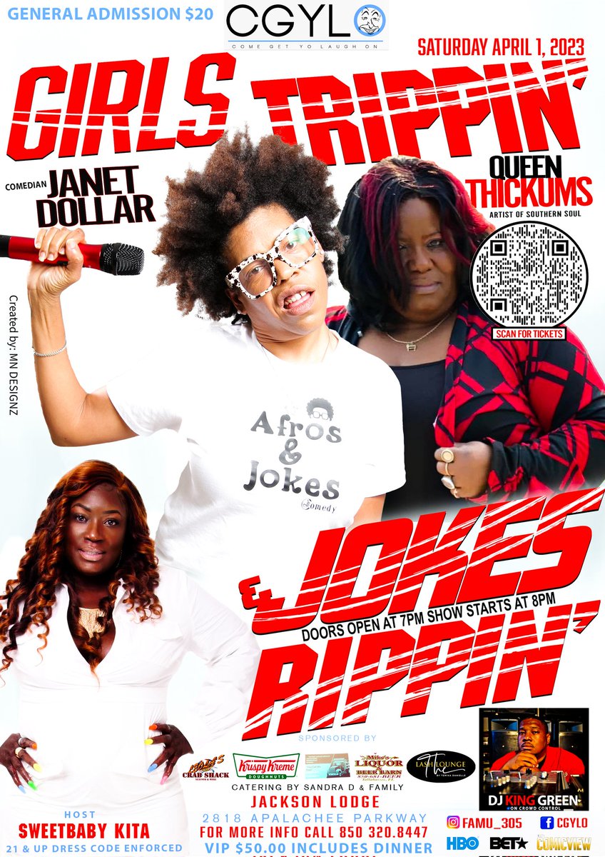 CountyDade305's tweet image. #Tallahassee 

CGYLO PRESENTS Girls Trippin' &amp;amp; Jokes Rippin' Ft Queen Thickums Artist Of Southern Soul Your Headliner Janet Dollar  Hosted by Comedian Sweetbaby Kita

Saturday April 1, 2023

Purchase Tickets Online
eventbrite.com/e/cgylo-presen…