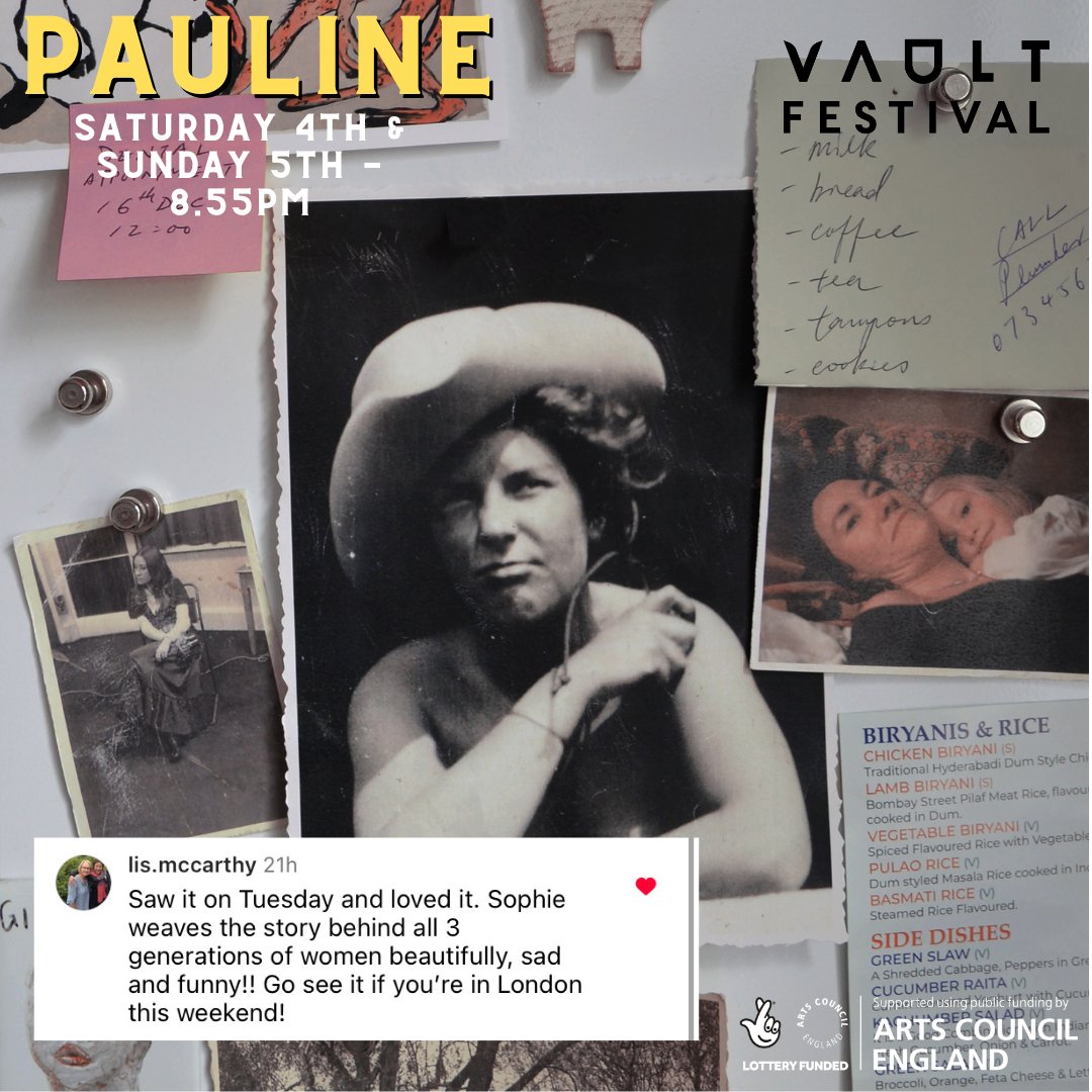 Last two chances to see Pauline @vaultfestival!!!

In 1967 Pauline died of an overdose, fifty years later Sophie found and read her diaries.

If it sounds like your cup of tea - book a ticket! We'd love to have you!

vaultfestival.com/events/pauline/

#Alzheimers #SuicidePrevention