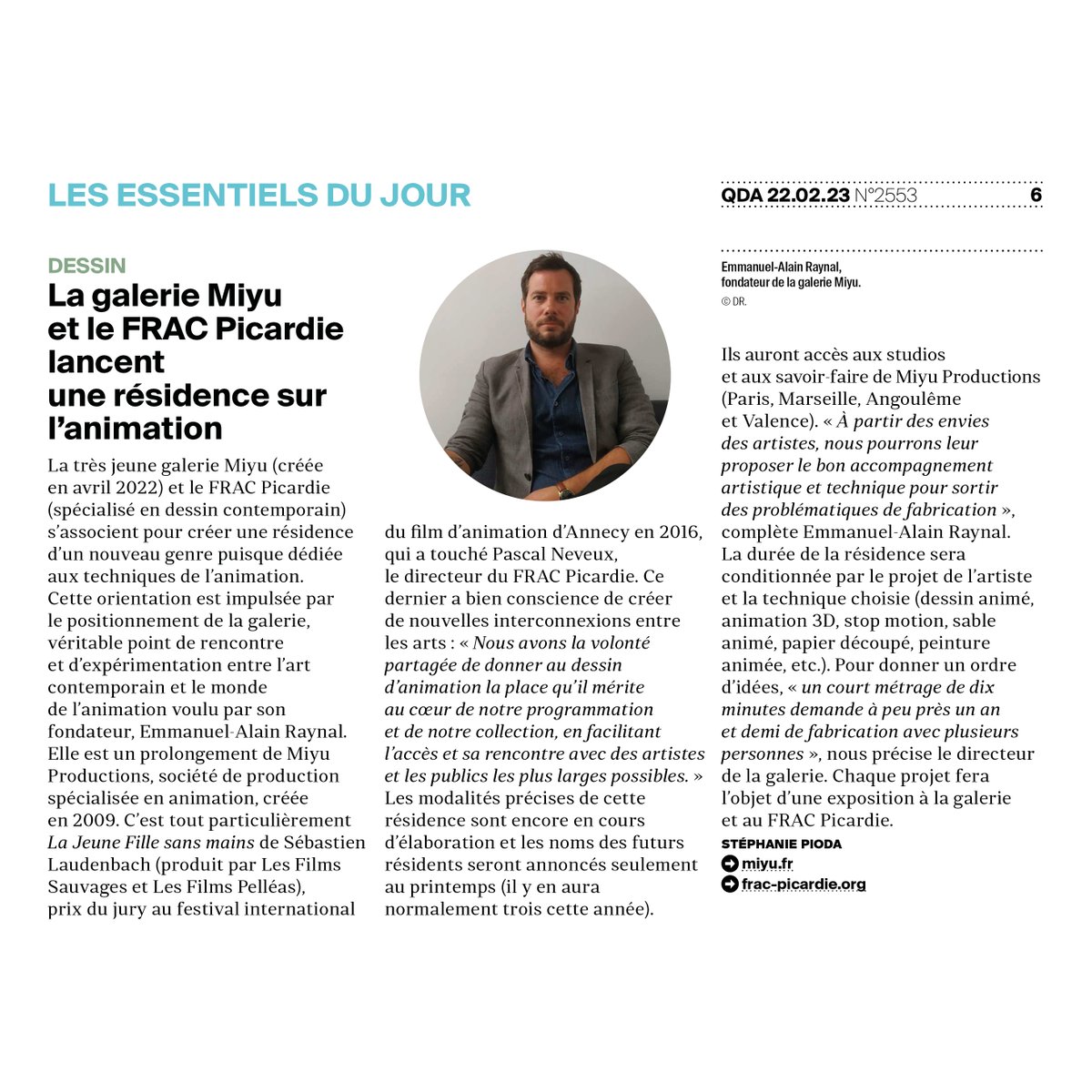 Merci au QDA (@Quotidiendelart) pour cet article sur notre association avec le FRAC Picardie (@FracPicardie ). #news #journal #qda #france #museum #gallerymiyu #paris #art #contemporaryart #animation #anime