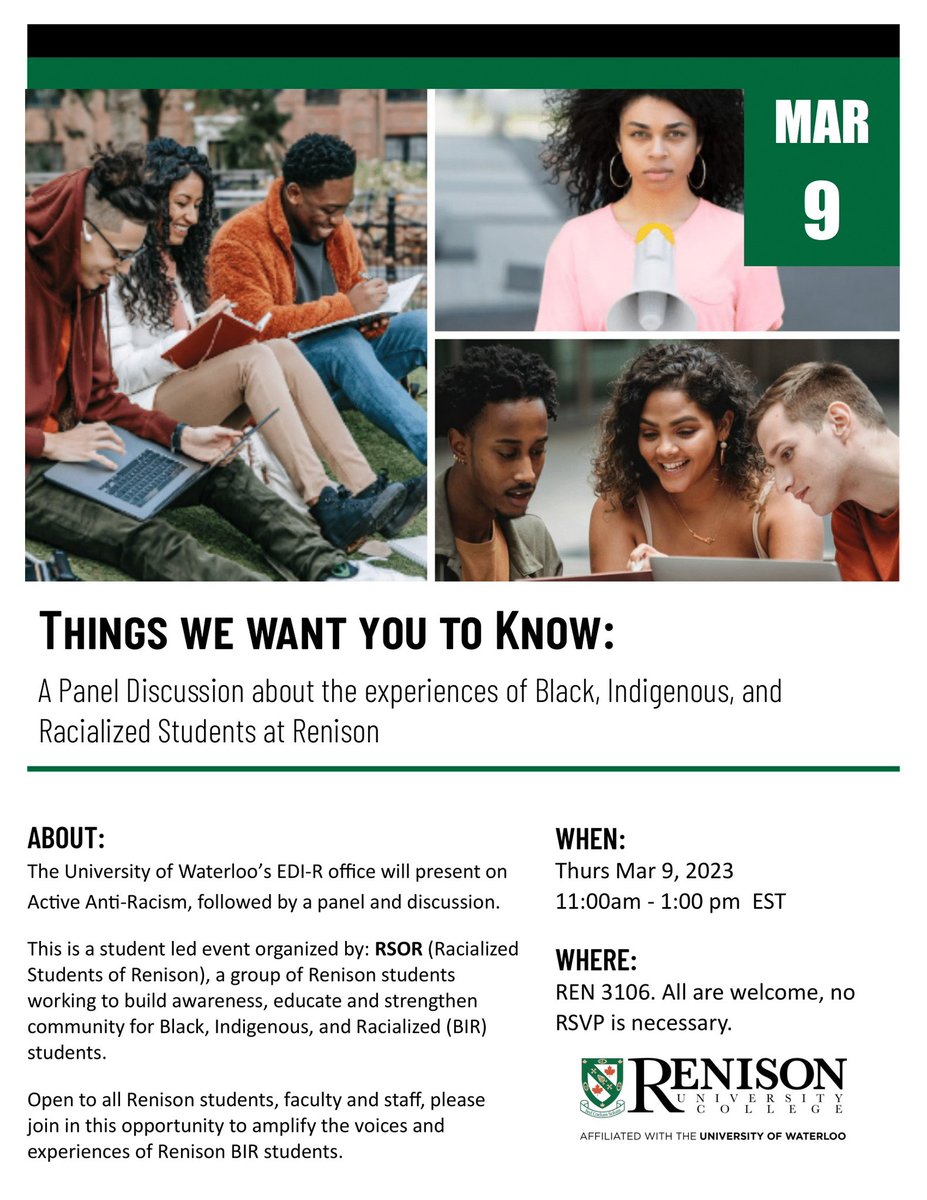 A panel discussion featuring Black, Indigenous, and Racialized students at Renison is happening this upcoming week. 

This tremendous learning opportunity is open to all members of the #RenisonUC community to attend next Thursday.

#uwaterloo @renisoncollege @UWaterlooLife