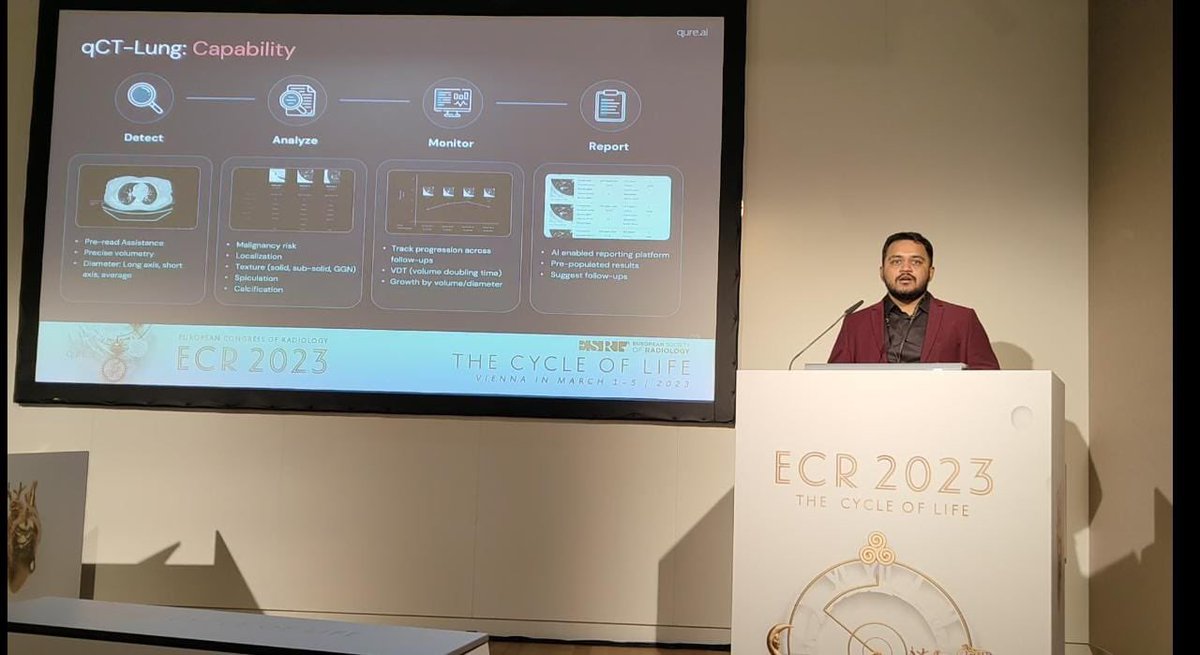 It was great to present our work on early detection of #LungCancer aided by qCT - @qure_ai’s algorithm for Chest CTs at #ECR2023.  
Great to see the enthusiasm around AI & the desire to crack their seamless integration in workflows. Amazing note to end #ECR on!
