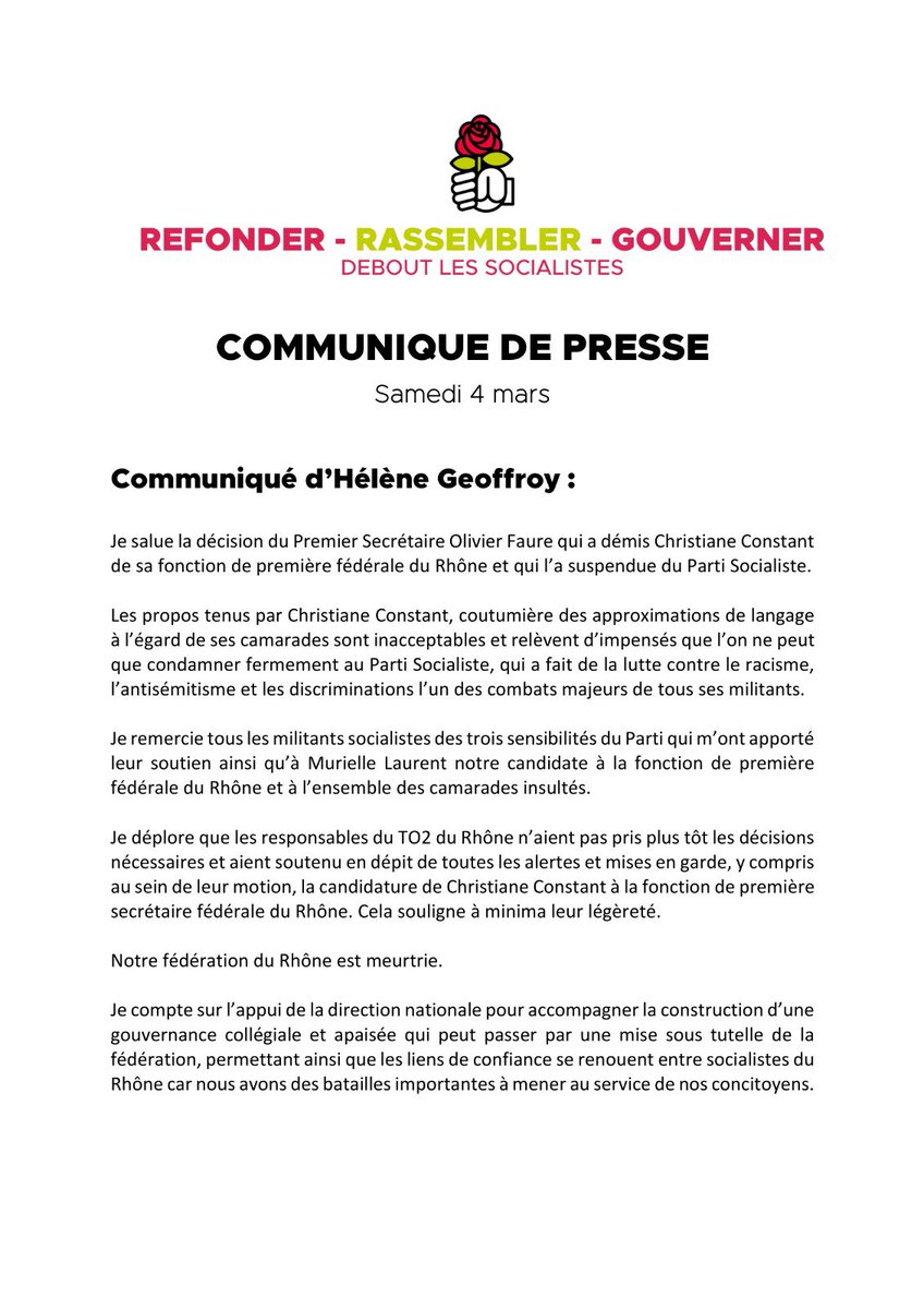 Après les scandaleux et inacceptables propos de la 1ère Fédérale du <a href="/PSRhone/">Parti Socialiste du Rhône</a>, je salue la décision de <a href="/faureolivier/">Olivier Faure</a> de démettre Christiane Constant de ses fonctions.

Les militants sont meurtris.

J’appelle à une gouvernance apaisée et collégiale via la mise sous tutelle de la Fd