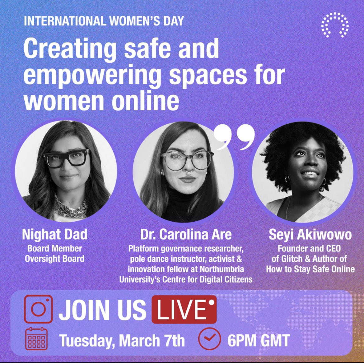 At 6 PM GMT on Tuesday I’m going live with the <a href="/OversightBoard/">Oversight Board</a> on IG to talk about ways to make online spaces safer &amp; more equitable for women. Such an honour to join the amazing <a href="/seyiakiwowo/">Seyi Akiwowo</a> and <a href="/nighatdad/">Nighat Dad</a> for this convo! ✨ Hope you can tune in ✌🏻