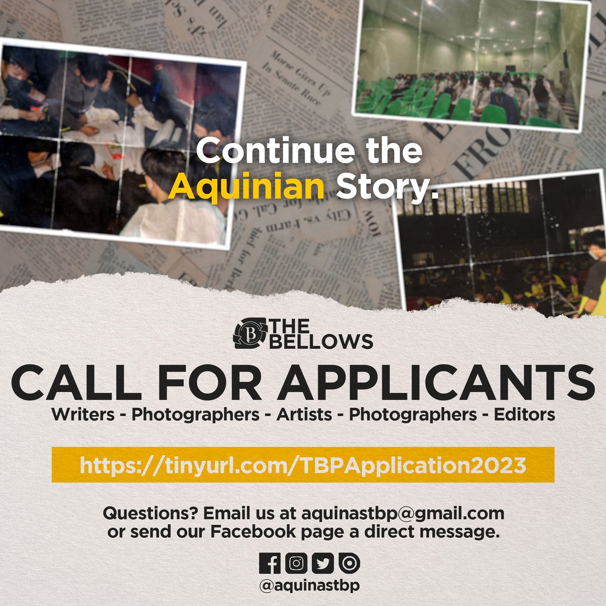 aquinastbp's tweet photo. Continue the Aquinian story!

As Aquinas School's 58th Foundation Week comes closer, The Bellows Publication is in need of members and contributors who are willing to be part of the team to help the publication cover the said event. 

(1/3) https://t.co/X2Nu3dKeqw
