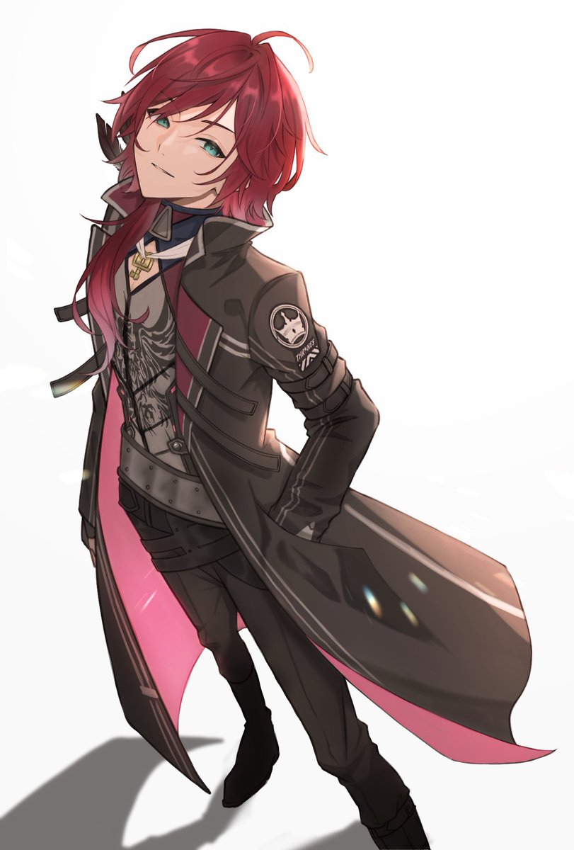 1boy male focus red hair solo pants green eyes black pants  illustration images