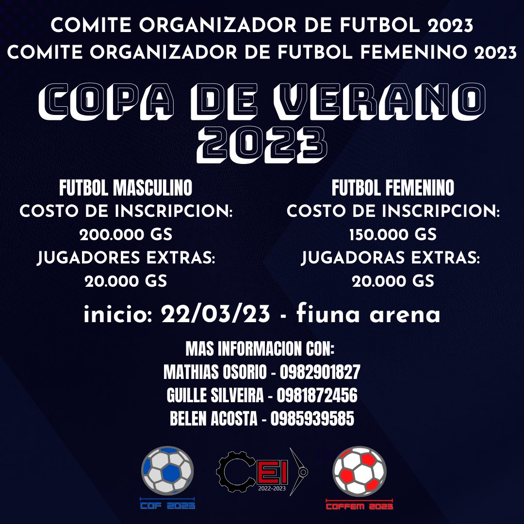Se vienen los exámenes y también se viene el COF con todo. 
Oficialmente abierta la inscripción a la Copa de Verano 2023🏆🥇
¡No te quedes fuera! ⚽️🏃
#COF2023 #COFFEM2023
#CEI2022