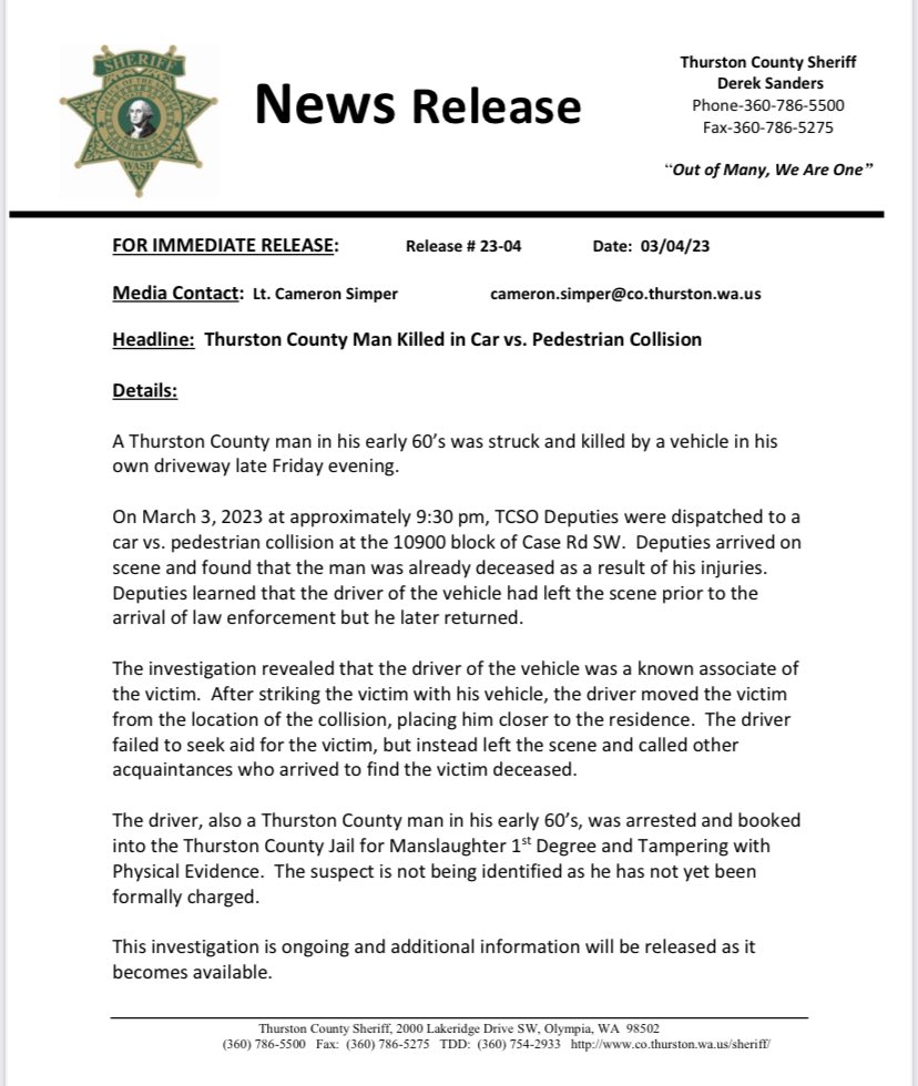 Thurston County Man Killed in Car vs. Pedestrian Collision.