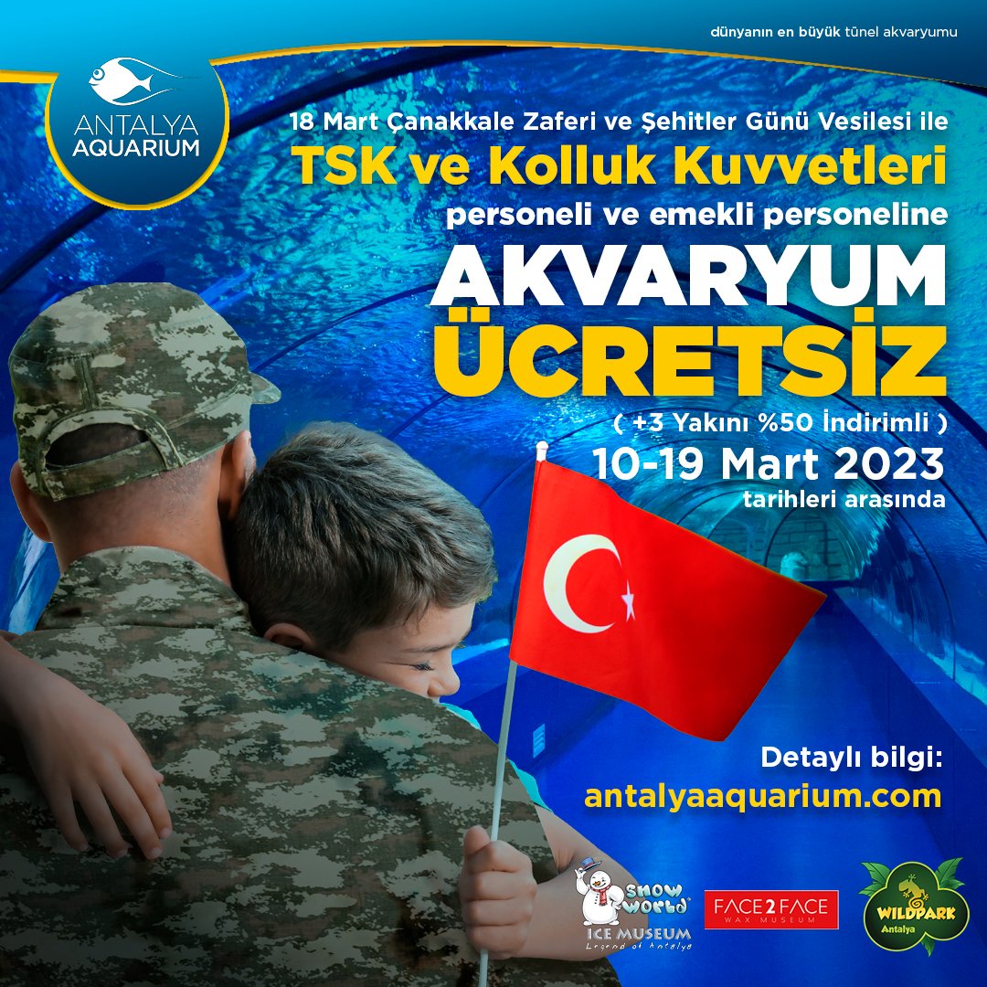 18 Mart Çanakkale Zaferi ve Şehitler Günü🇹🇷 Vesilesi ile TSK ve Kolluk Kuvvetleri personeli ve emekli personeline 10-19 Mart 2023 tarihleri arasında AKVARYUM ÜCRETSİZ. #tsk #emniyetmüdürlüğü #sahilgüvenlik #jandarma #gümrükmuhafaza #18mart
#polis #ÇanakkaleGeçilmez