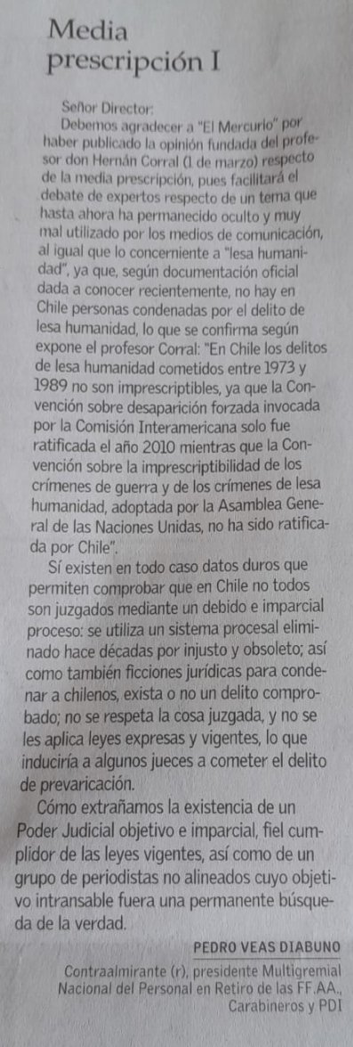 Como extrañamos la existencia de un poder judicial objetivo e imparcial.
Nos dice 
           Pedro Veas Diabuno
     PDTE. de Multigremial FACIR
En su carta al director de El Mercurio