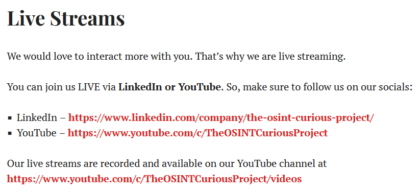 The OSINT Curious Project (@osintcurious) on Twitter photo ‼‼ FINAL #OSINT Curious Live Stream is happening at 10a EST today (just over 1 hour away (yes, it WILL be recorded too) ‼‼
Come join us on YouTube or LinkedIn (links here: osintcurio.us/live-streams/) ‼‼ FINAL #OSINT Curious Live Stream is happening at 10a EST today (just over 1 hour away (yes, it WILL be recorded too) ‼‼
Come join us on YouTube or LinkedIn (links here: osintcurio.us/live-streams/)