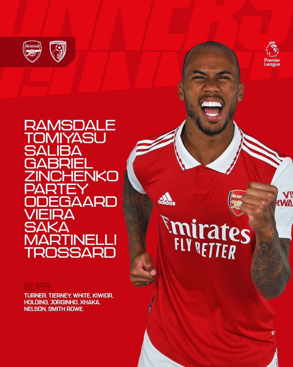 Arsenal's tweet photo. 🔴 𝗧𝗘𝗔𝗠𝙉𝙀𝙒𝙎 ⚪️

🧱 Tomiyasu at the back
🔙 Partey returns
🪄 Vieira in midfield
 
Three changes from Wednesday - Come on you Gunners! https://t.co/gWkof6IKYb