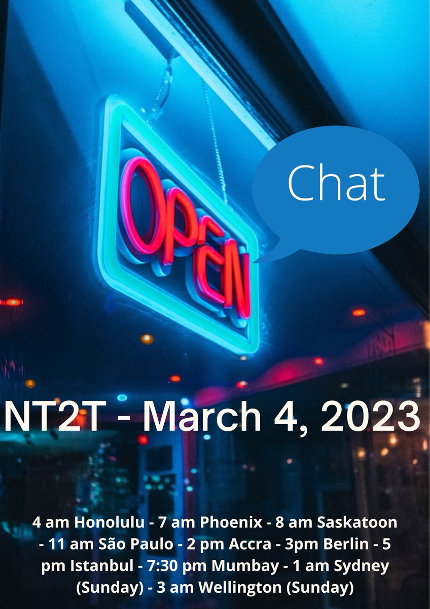 And we're off! Welcome everyone to our open chat #nt2t