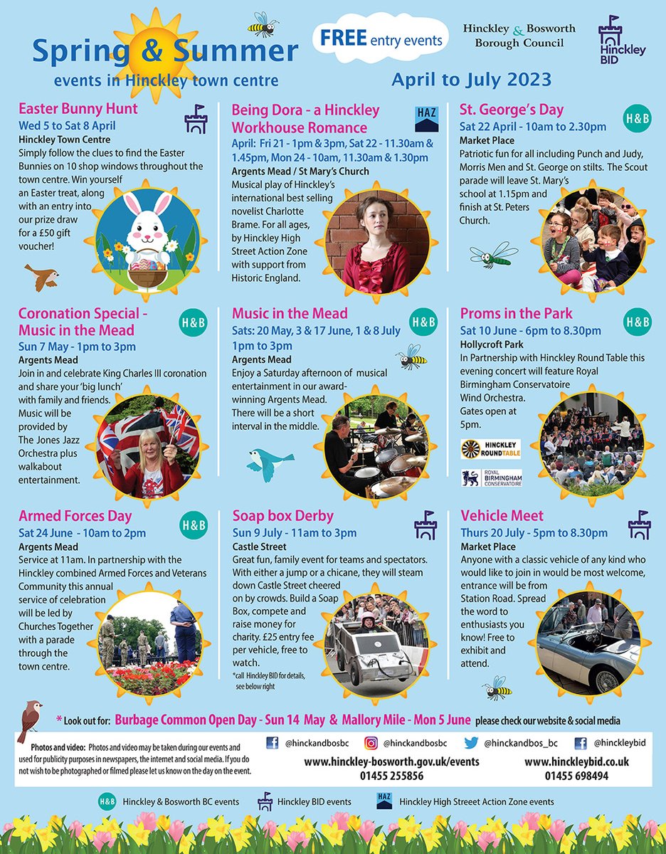 Are you excited for lighter, brighter days? 

Here are some dates for your diary so you can enjoy all Hinckley town centre offers over the next few months! 👇