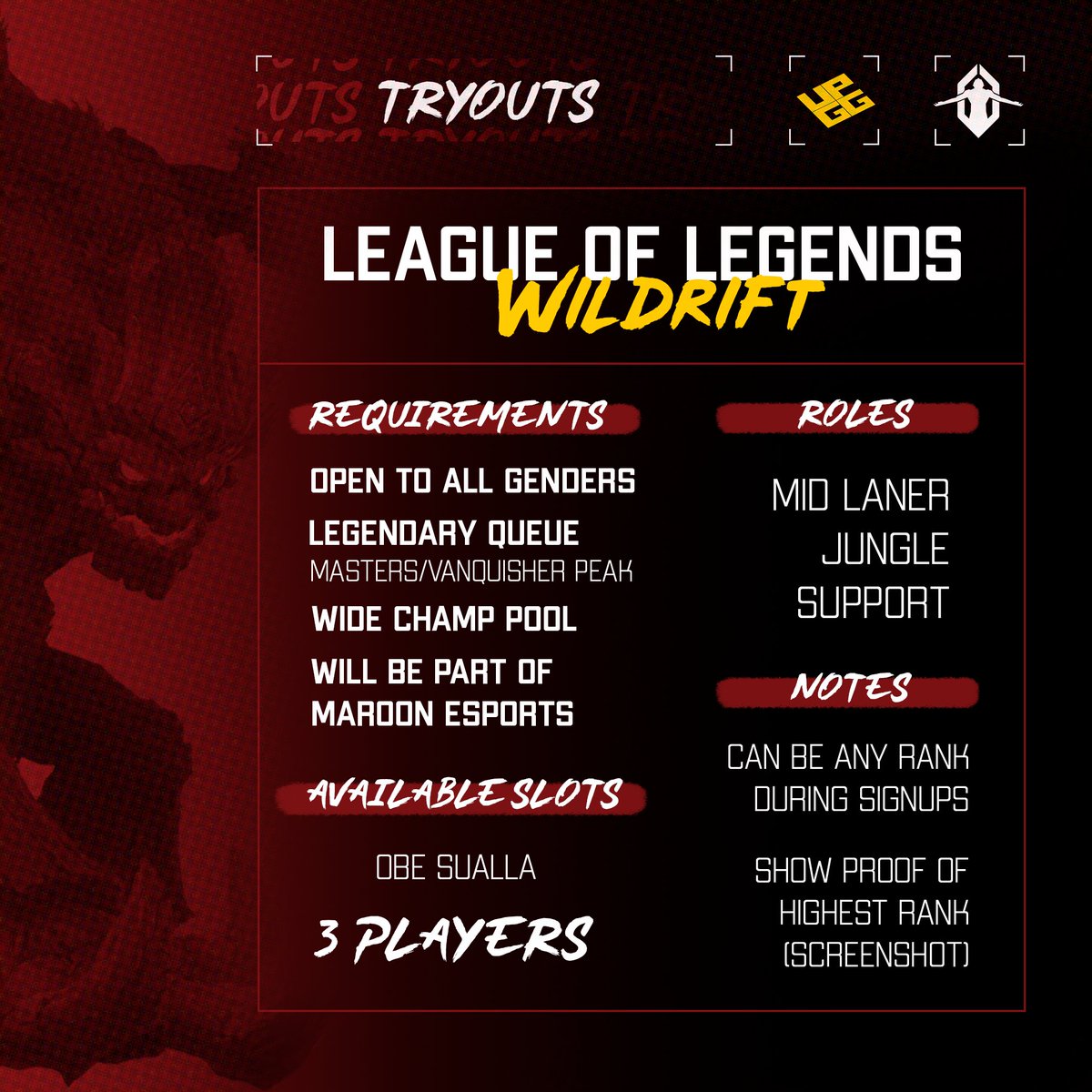oblationesports's tweet photo. We’re opening tryouts for future ESPORTS ATHLETES!🔥

Do YOU have what it takes to compete under Oblation Esports?

SIGN UP NOW!👉 https://t.co/eeC9oi59cv https://t.co/IcOmN93mzW