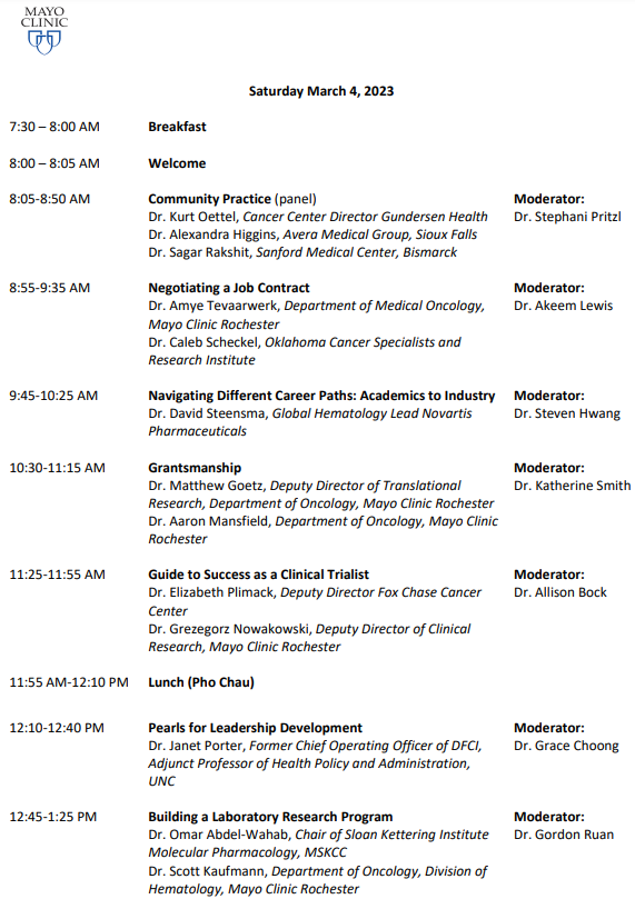 MayoHemeOnc's tweet photo. Day 2 has an incredible line up! Cant wait to learn more about different career paths #thankyou to all of our speakers today! @MayoCancerCare #Communitypractice #Academicpractice #Industry https://t.co/V14QxkuzQP