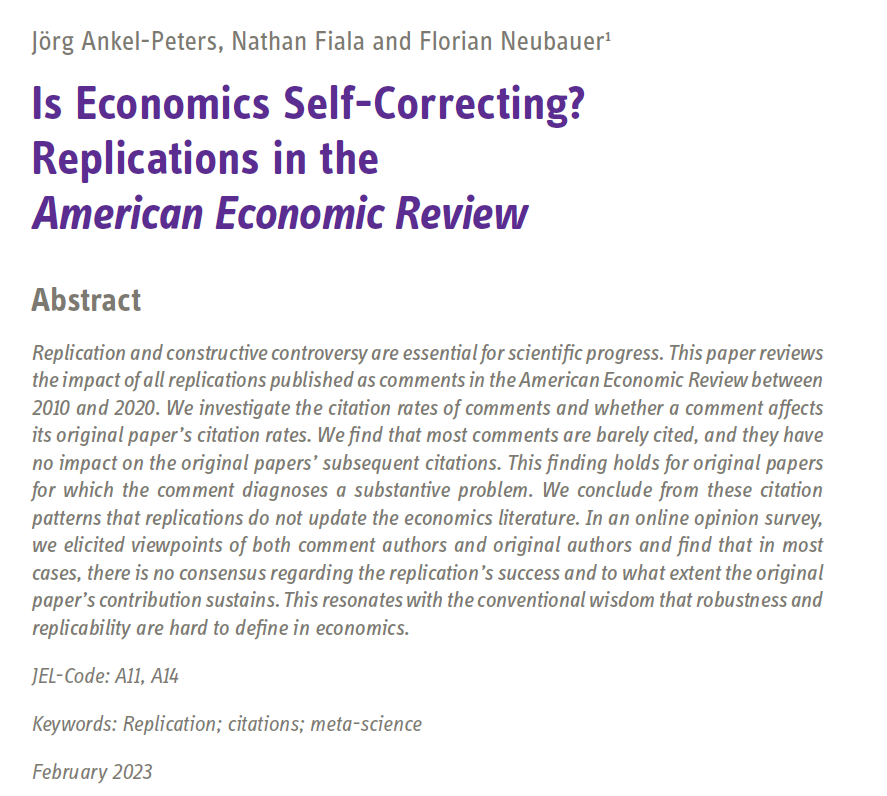 Is Economics self-correcting? We have a new discussion paper, joint with N Fiala &amp; @flneubauer. Quick answer is: No, rather not. We reviewed all replications published as comments in the AER. Plus, we surveyed the authors. A short thread 1/. bit.ly/3y0wMYp #EconTwitter