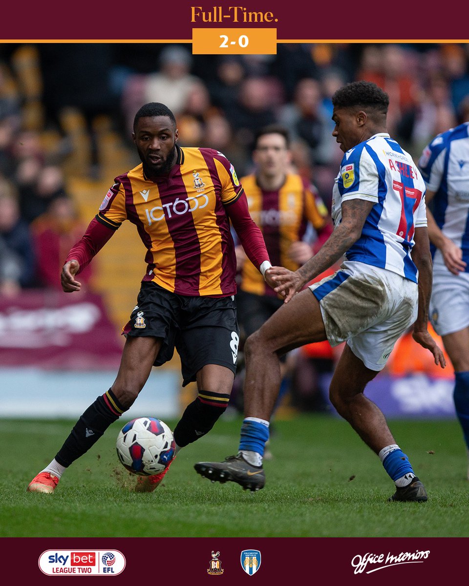 ⏱️ FULL-TIME | 🐓 <a href="/officialbantams/">Bradford City AFC</a> 2-0 <a href="/ColU_Official/">Colchester United FC</a> 🔵

#BCAFC | #BRAvCOL | <a href="/OFFICEINTERIOR5/">Office Interiors</a>