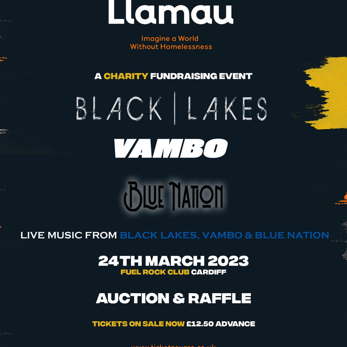 Less than 3 weeks to go! Please come along and raise funds for <a href="/LlamauUK/">Llamau</a> to <a href="/FuelCardiff/">Fuel Rock Club</a> on 24th March 2023. 3 superb bands: <a href="/BlackLakesUK/">Black Lakes</a>
<a href="/vamboofficial/">Vambo</a>
@bluenationmusic
 
There will be an auction and raffle too. 

🎟 £12.50 advance 👉tinyurl.com/mr7n6xhm