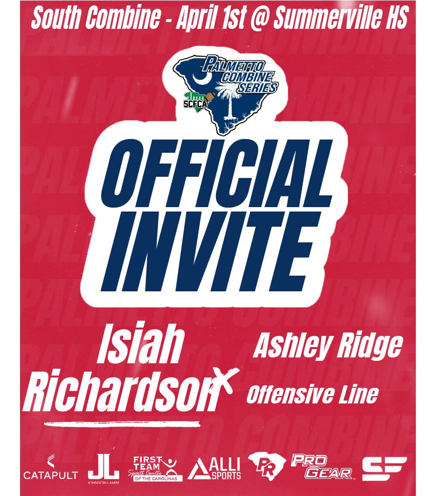 Congratulations on being selected to the Senior Palmetto Combine Series! See you in Summerville on April 1st at 8:30am

#Palmetto23 #Emailtofollow #SouthCombine
<a href="/SwampFoxesFB/">Ashley Ridge Football</a> <a href="/CoachFidler/">Shane Fidler</a> <a href="/DerrickSalleyj1/">Derrick Salley jr</a> <a href="/dc_1471/">Dwayne “DC” Simmons</a> <a href="/zayarich/">Isiah "Zeke" Richardson ✟</a> 

Pre-Register:
zfrmz.com/rShWE4wcaPYaGb…