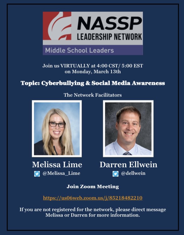 ⁦@NASSP⁩ Middle School Leaders Network is hosting their monthly meeting on Monday, March 13th. Topics include preventing cyber bullying & social media awareness. DM ⁦@melissa_lime⁩ or ⁦@dellwein⁩ if you are not registered. Let’s connect & collaborate!