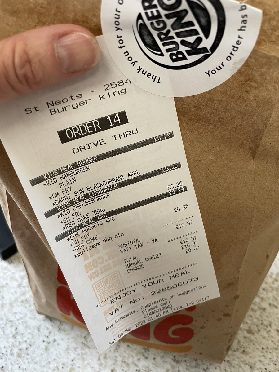 <a href="/BurgerKing/">Burger King</a> lovely kids meal! Thrown in a bag chips not even in the bags, kids love to share - not! Super customer service, when asked why it was thrown in one bag could I not have them in separate bags I got a shoulder shrug. 10/10