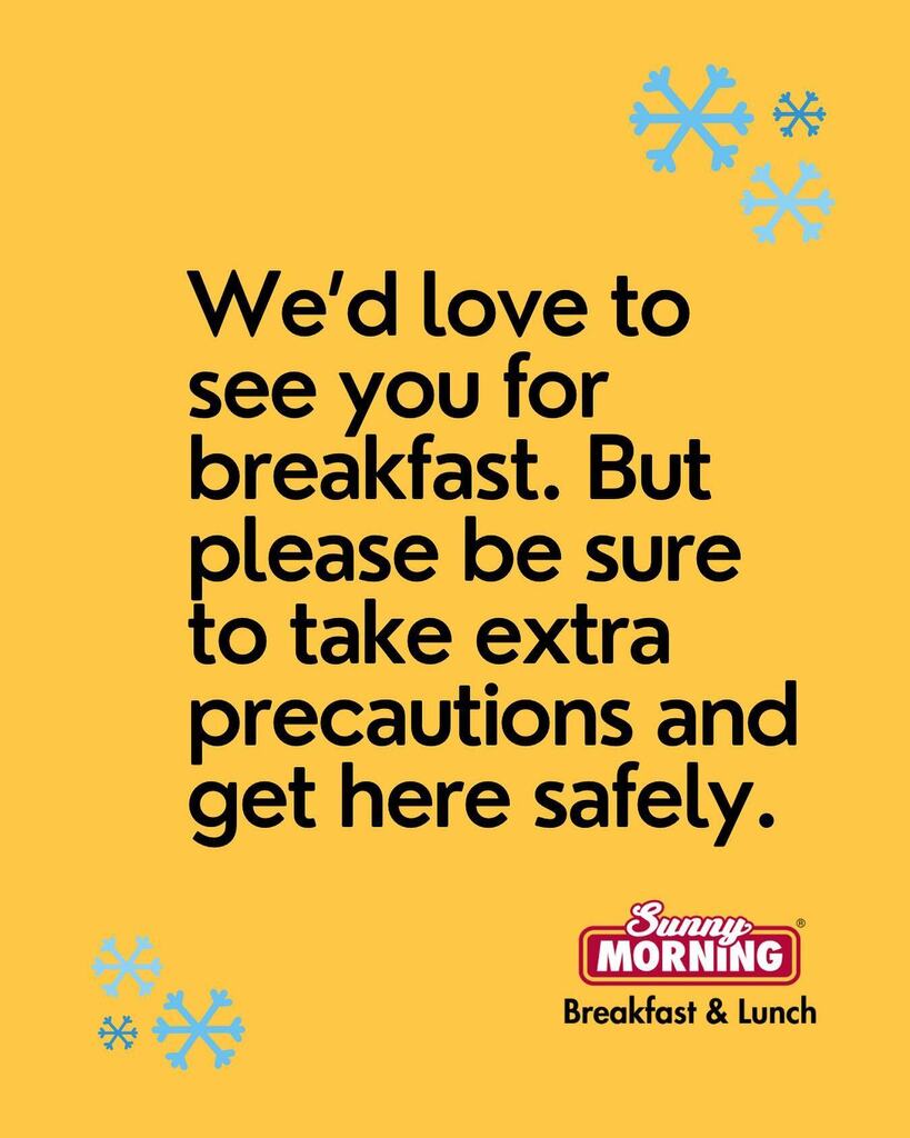 Stay warm and cozy with a delicious breakfast at Sunny Morning! As the snow falls outside, come on in and enjoy a comforting meal to start your day off right. We can't wait to welcome you, but please be sure to take extra precautions and arrive safely. S… instagr.am/p/CpXm8wcODP0/