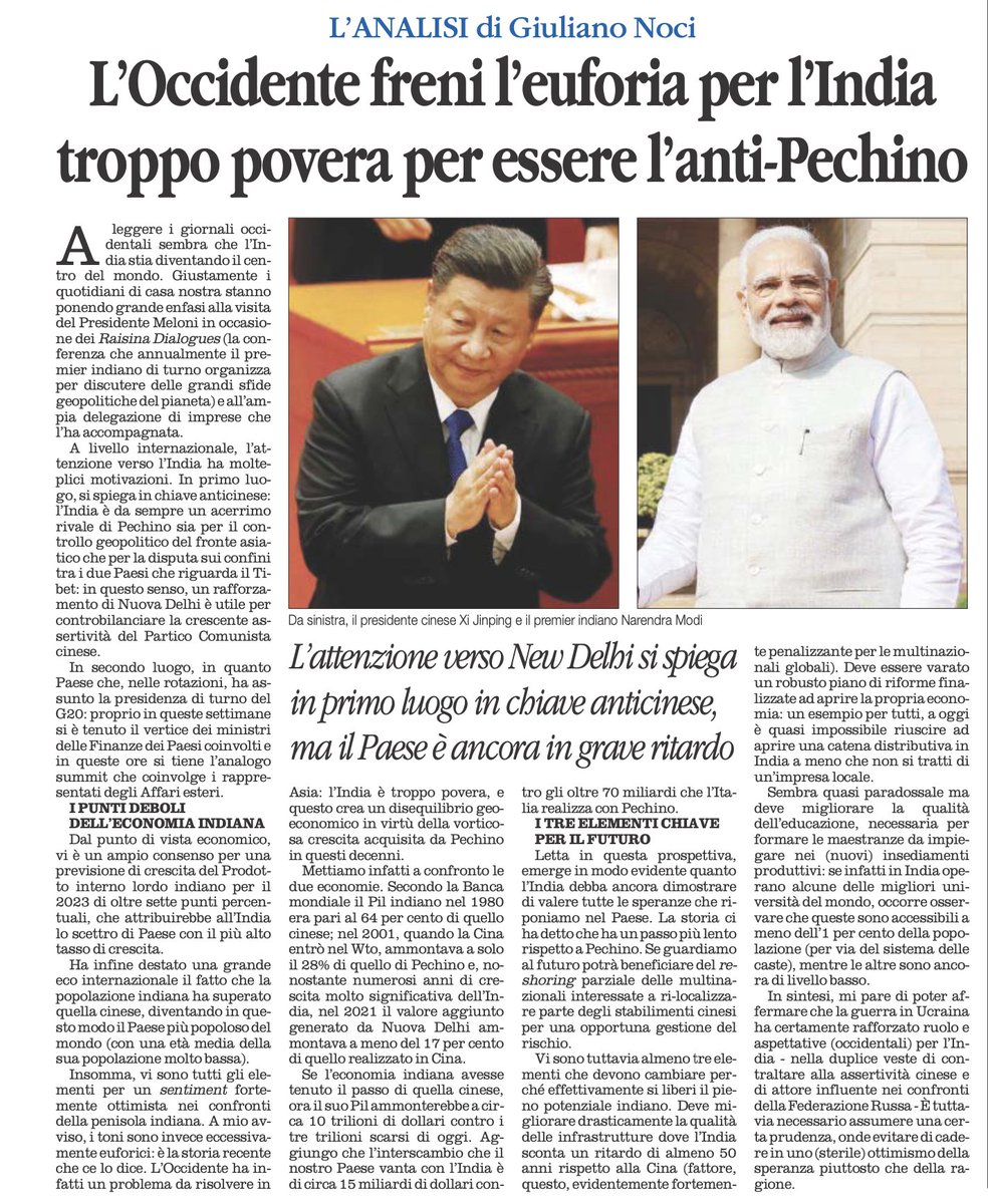 giuliano_noci's tweet image. Il PIL indiano nel 1980 era pari al 64% di quello cinese; nel 2021, il PIL è stato pari al 17% di quello cinese.
La storia recente ci dice quindi che l’India deve ancora dimostrare di valere tutte le speranze che riponiamo nel Paese
#India #China #GlobalOrder #future