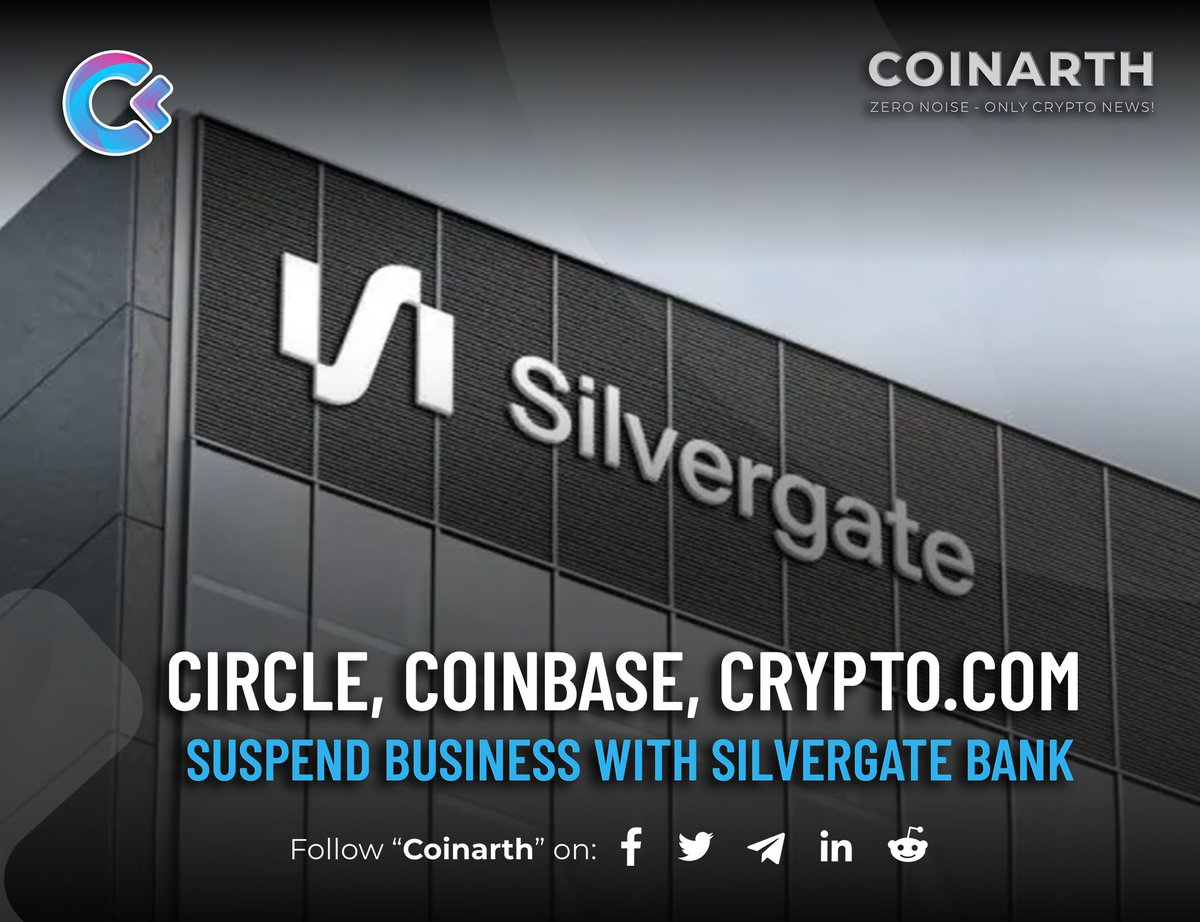 TheCoinArth's tweet photo. Silvergate Bank, banker to big name crypto firms like Coinbase, https://t.co/S7P66gwkez, etc stated that it would review its books with auditors. Most major clients have announced suspension of business with the beleaguered bank!

#Coinarth #Cryptonews #Silvergate #Crypto https://t.co/qLkPqxIIn6
